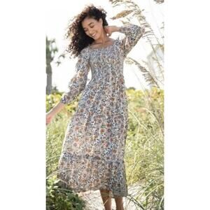 Natural Life Wildflower Brown Smocked Long Sleeve Maxi Dress XL Bohemian Hippie